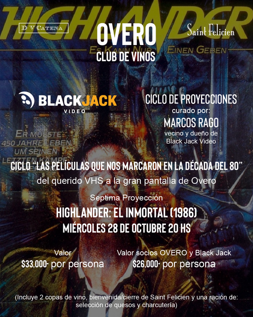 Cine y Vino "Las películas que nos marcaron en los 80´" - "Highlander" (1986) - 28/10 - Overo